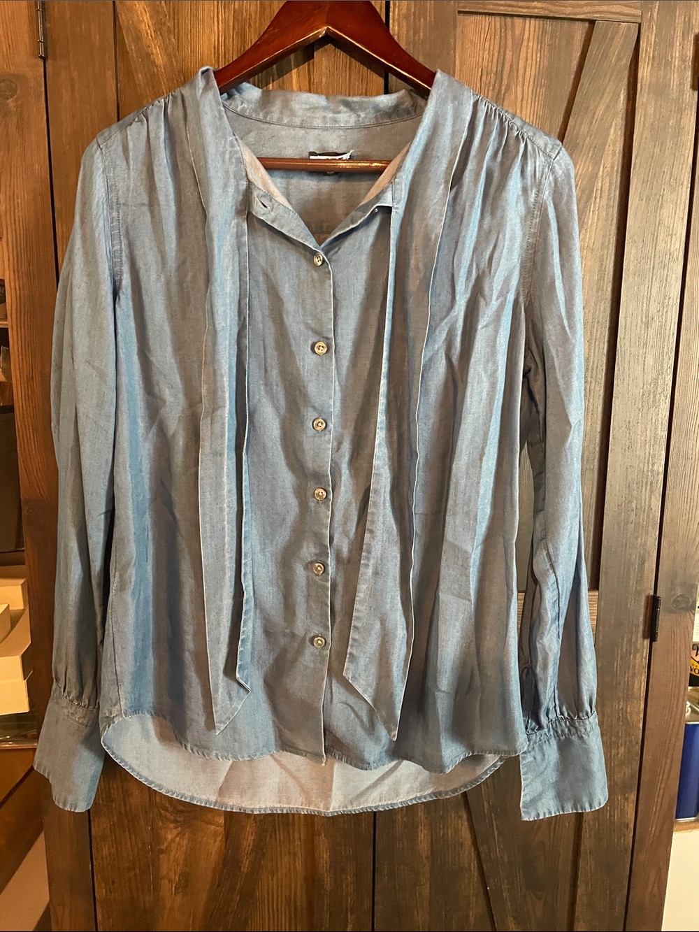 Ann Taylor Light Blue Tie-Neck Button-Down Blouse